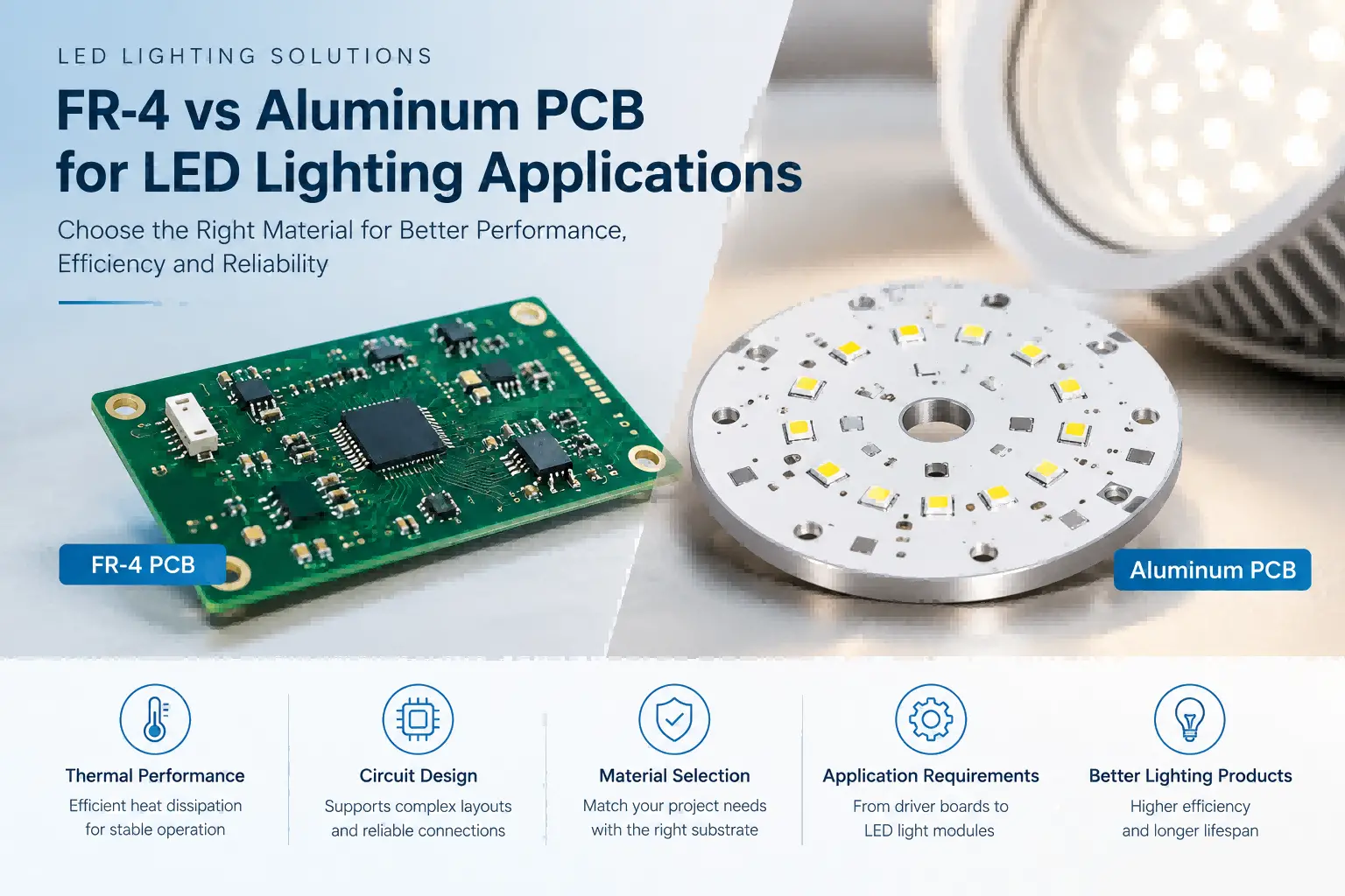 FR-4 vs. Aluminum PCB for LED Lighting: Which One Fits Your Design? FR-4 vs. Aluminum PCB for LED Lighting: Which One Fits Your Design?